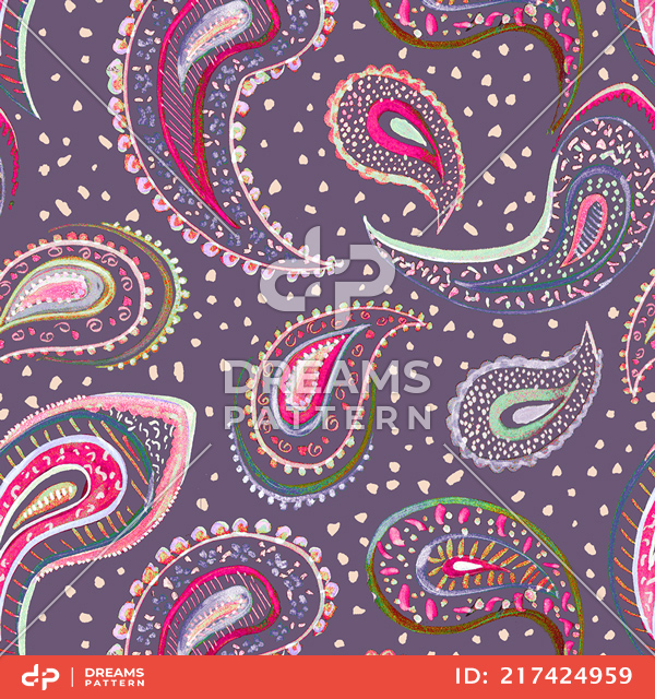 Seamless Hand Drawn Paisley Pattern on Purple Background Ready for Textile Prints.