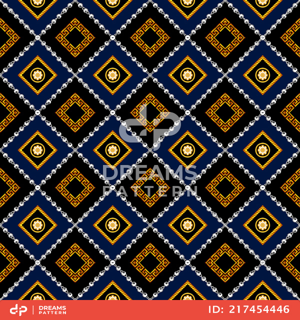 Seamless Luxury Diagonal Pattern with Golden Antique Decorative Motifs and Silver Chains.