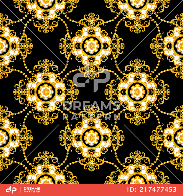 Seamless Luxury Fashional Pattern of Golden Chains and Baroque on Black Background.
