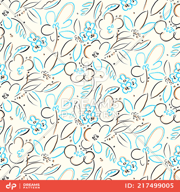 Seamless Hand Drawn Floral Pattern. Colored Outline Design Ready for Textile Prints.