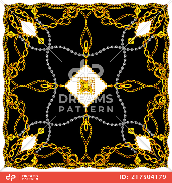 Luxury Jewelry Shawl Pattern, Modern Style Scarf Design with Golden and Silver Chains.