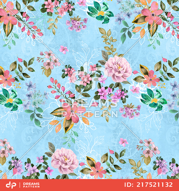 Seamless Colorful Small Flowers with Leaves. Modern Watercolor Floral Design on Blue.