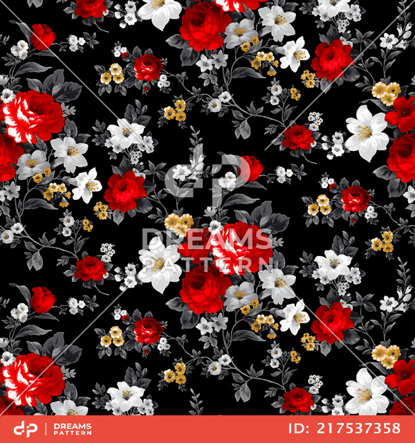 Beautiful Seamless Watercolor Floral Pattern, Small Flowers on Black Background.