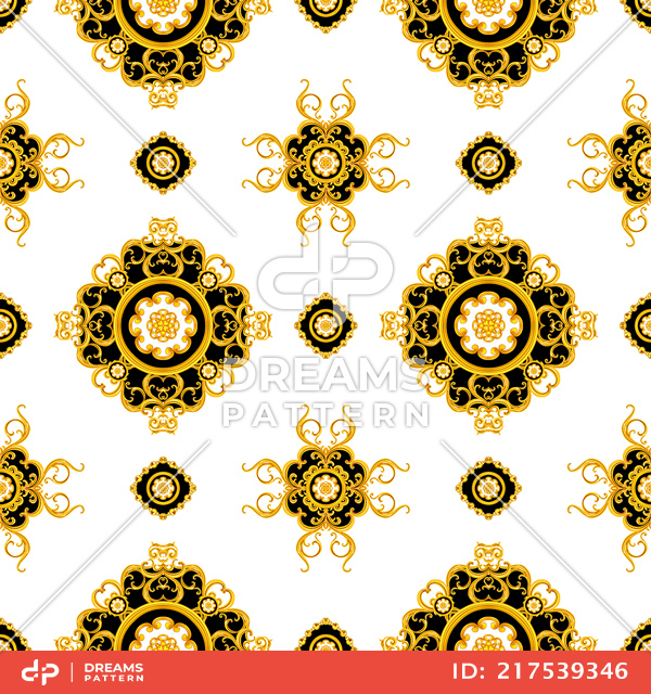 Seamless Luxury Fashional Pattern of Golden Chains and Baroque on White Background.