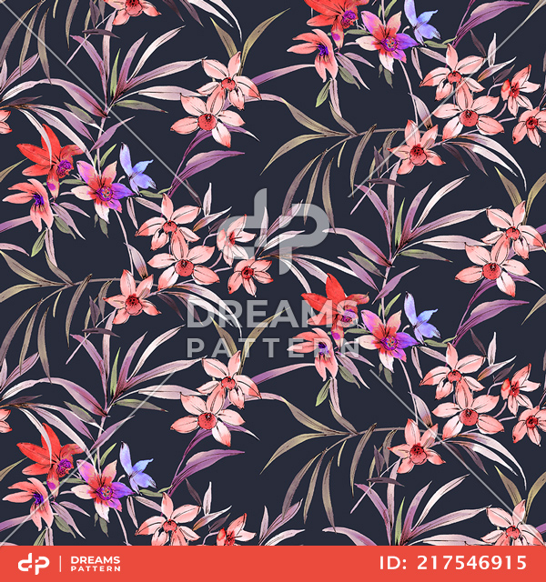 Seamless Tropical Floral with Leaves, Romantic Flowers Pattern Ready for Textile Prints.