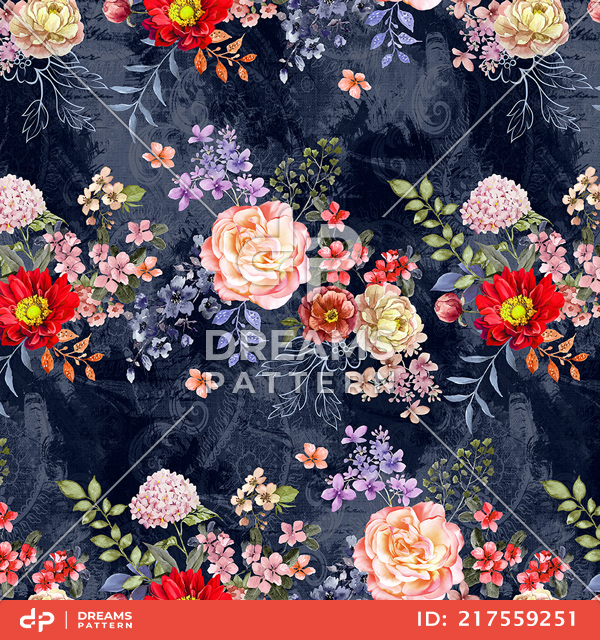 Beautiful Watercolor Floral Design on DarkBlue Background Ready for Textile Prints.