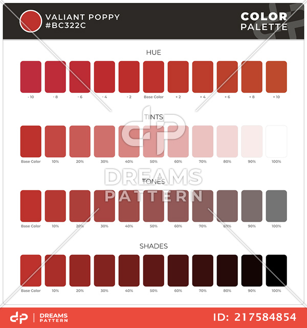 Valiant Poppy / Color Palette Ready for Textile. Hue, Tints, Tones and Shades Guide.