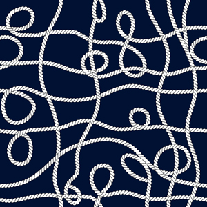 Seamless White Marine Ropes Pattern with Golden Rings on Dark Blue background.