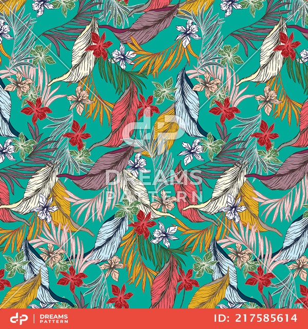 Seamless Vintage Floral Pattern with Leaves, Colorful Hand Drawn Tropical Leaves.