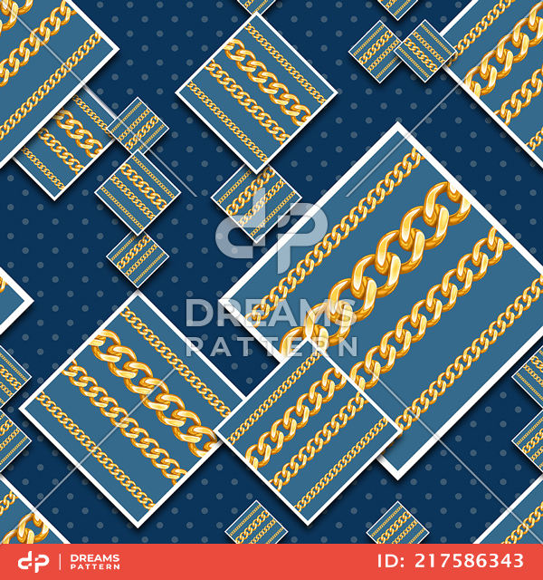 Seamless Patchwork Pattern, Squares with Golden Chains and Small Dots.