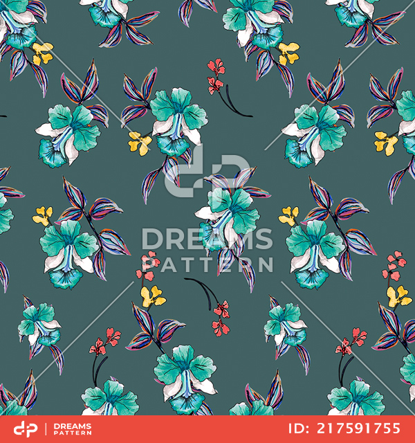 Cute Hand Drown Flowers with Leaves on Dark Green, Ready for Textile Prints.