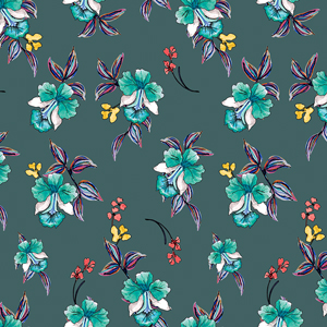Cute Hand Drown Flowers with Leaves on Dark Green, Ready for Textile Prints.