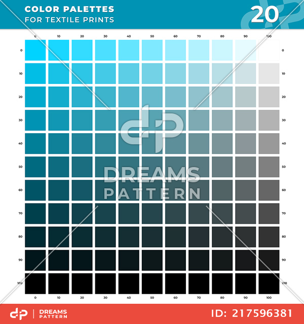 Set 20 Color Palettes for Textile Prints. Tints and Shades Chart, Colors Guide Swatches.