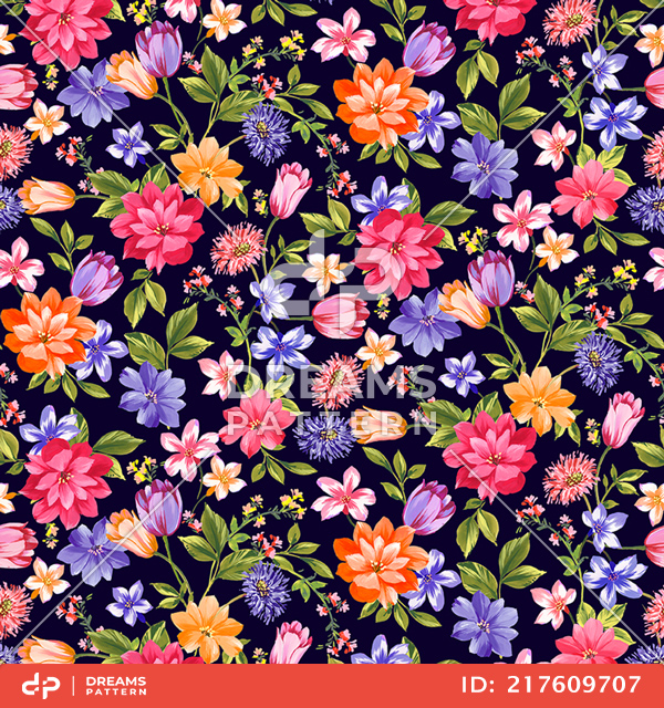 Seamless Colorful Watercolor Floral Design on Dark Blue Background for Textile Prints.