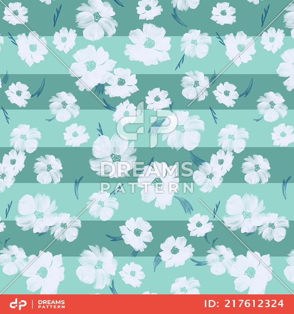 Hand Painted Watercolor Illustration Seamless Pattern of Flowers and Leaves on Strips.