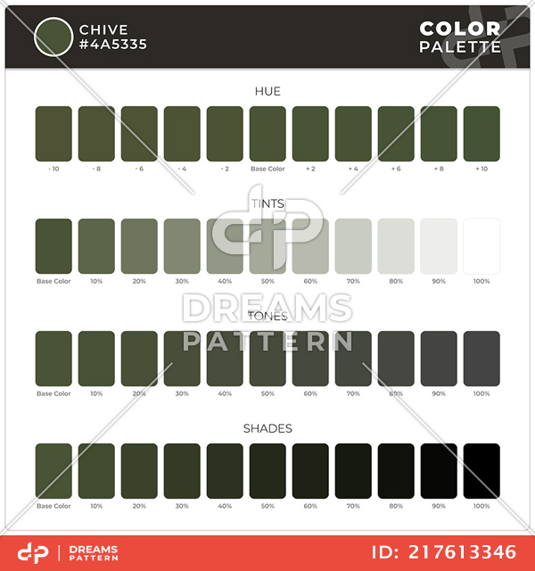 Chive / Color Palette Ready for Textile. Hue, Tints, Tones and Shades Guide.