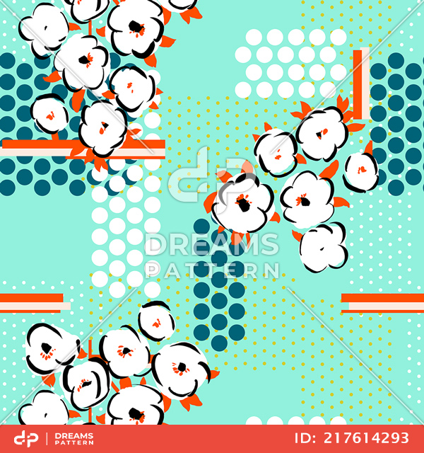 Seamless Flowers Pattern with Dots and Lines Ready for Textile Prints.