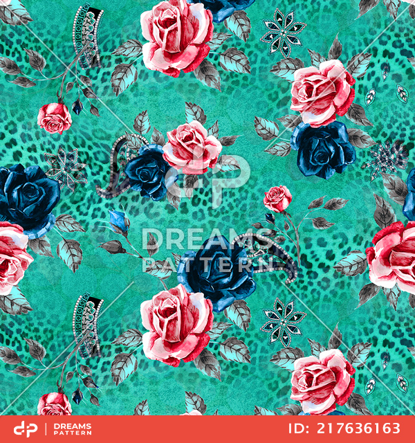 Fashion Seamless Leopard Print with Watercolor Roses on Light Green Background.