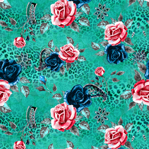 Fashion Seamless Leopard Print with Watercolor Roses on Light Green Background.