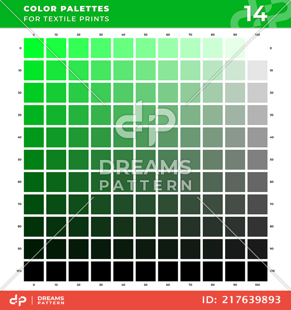 Set 14 Color Palettes for Textile Prints. Tints and Shades Chart, Colors Guide Swatches.