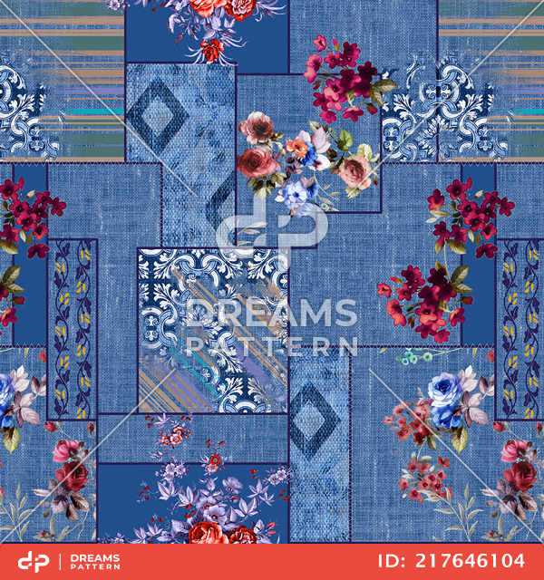 Seamless Patchwork Pattern with Flowers and Lines. Ethnic Indian Style.