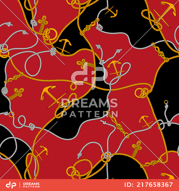 Seamless Marine Pattern with Golden Sea Anchors and Colored Ropes.