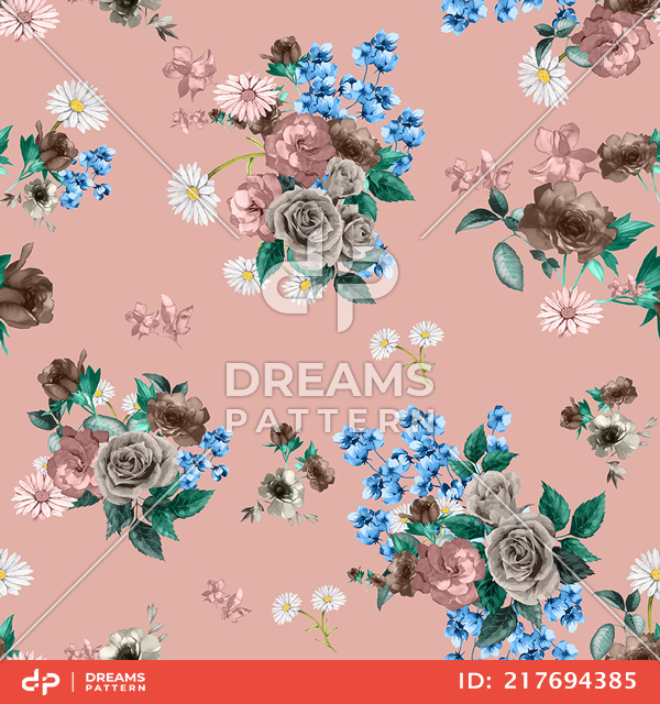 Seamless Watercolor Floral Pattern, Beautiful Flowers Bouquet on Peach Background.