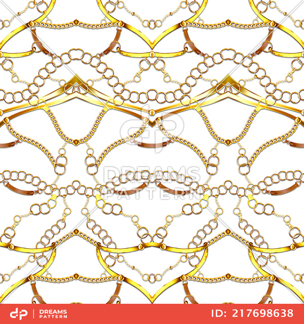 Trendy Luxury, Seamless Pattern of Golden Chains and Belts on White Background.