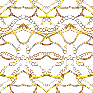 Trendy Luxury, Seamless Pattern of Golden Chains and Belts on White Background.