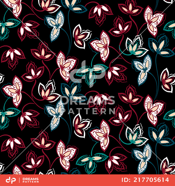 Seamless Floral Pattern in Sketched Outline Style. Hand Drawn Design for Prints.