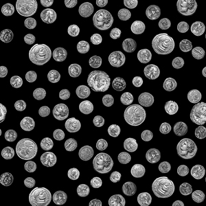 Ancient Coins Pattern on Black Background Ready for Textile Print.