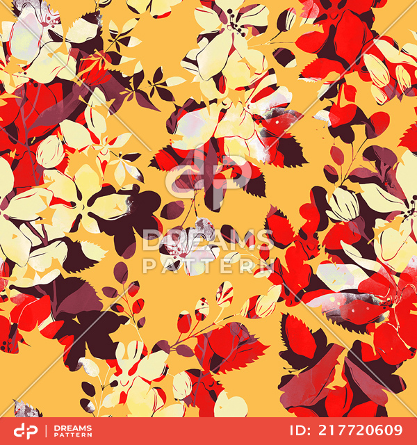 Seamless Abstract Floral Pattern, Beautiful Hand Drawn Leaves on Yellow.