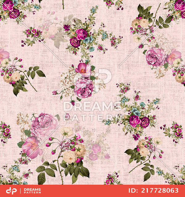 Seamless Spring Flowers and Leaves. Botanical Pattern, on Light Pink Background.