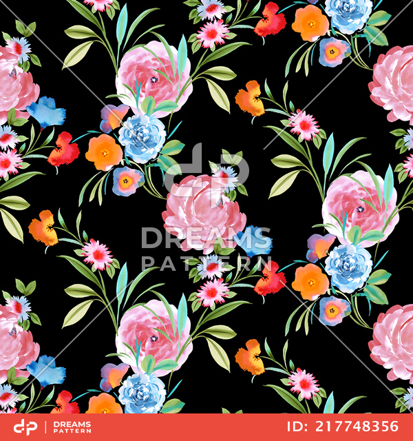 Seamless Colorful Floral Pattern, Hand Drawn Flowers Design Ready for Textile Prints.