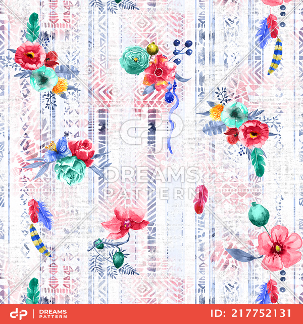 Seamless Flowers Design with Feathers and Ethnic Background for Textile Prints.