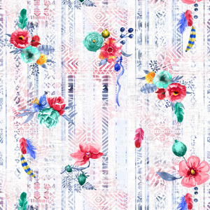 Seamless Flowers Design with Feathers and Ethnic Background for Textile Prints.