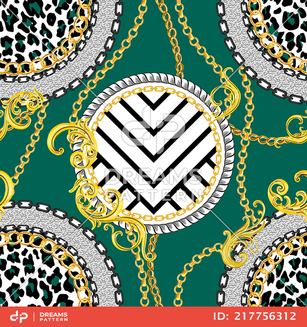 Seamless Golden Chains Pattern with Decorative Baroque Motif on Red Background.