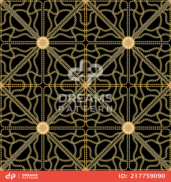 Seamless Golden Chains Pattern, on Black Background. Ready for Textile Print.