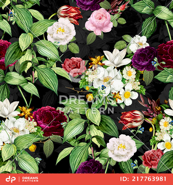 Seamless Elegance Pattern with Vintage Garden Flowers on Black Background.