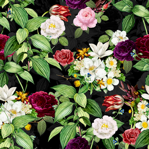 Seamless Elegance Pattern with Vintage Garden Flowers on Black Background.