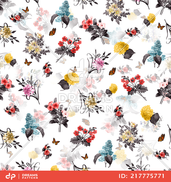 Watercolor Hand Drawn Floral Pattern, Colorful Seamless Small Flowers with Leaves.