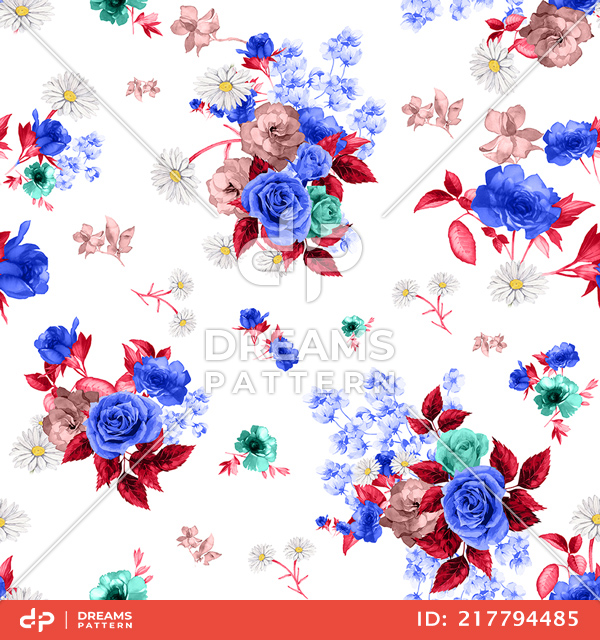 Seamless Watercolor Floral Pattern, Beautiful Flowers Bouquet on White Background.