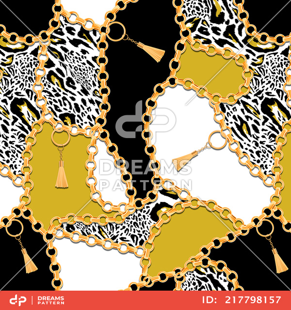 Seamless Golden Chains Pattern with Leopard Print. Ready for Textile Print.