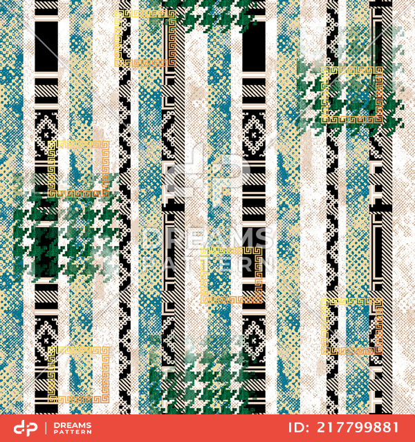 Seamless Abstract Design, Hounds Tooth and Ethnic on Lined Background.