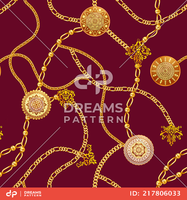 Seamless Golden Chains, Luxury Precious on Dark Red background.