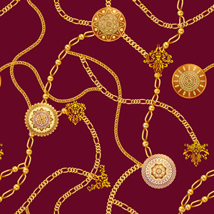 Seamless Golden Chains, Luxury Precious on Dark Red background.