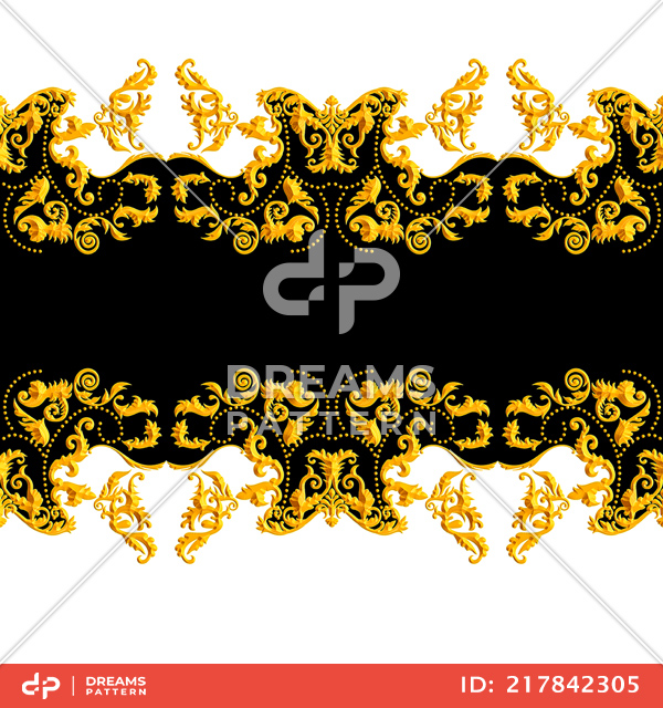 Seamless Golden Baroque Luxury Design on Black and White Background.