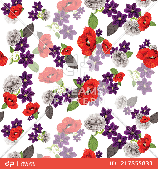 Colored Flowers with Leaves Ready for Fabric Print on White background.