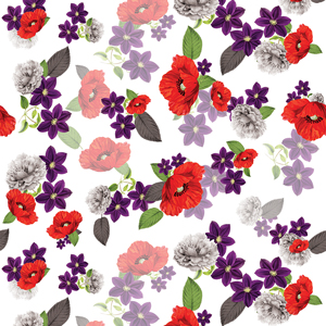Colored Flowers with Leaves Ready for Fabric Print on White background.