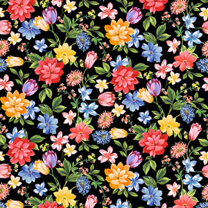 Seamless Colorful Watercolor Floral Design on Black Background for Textile Prints.